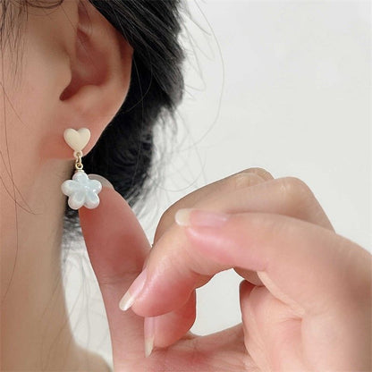 Heart Drop Earring / Flower On Clip