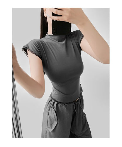 Cap-Sleeve Mock Neck Lace-Trim Slim Crop Tee