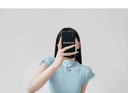 Cap-Sleeve Mock Neck Lace-Trim Slim Crop Tee