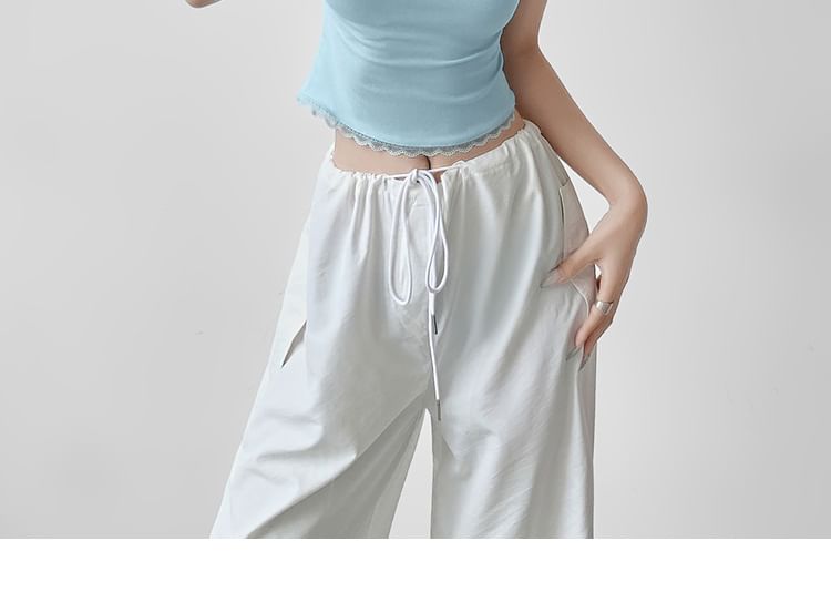 Cap-Sleeve Mock Neck Lace-Trim Slim Crop Tee