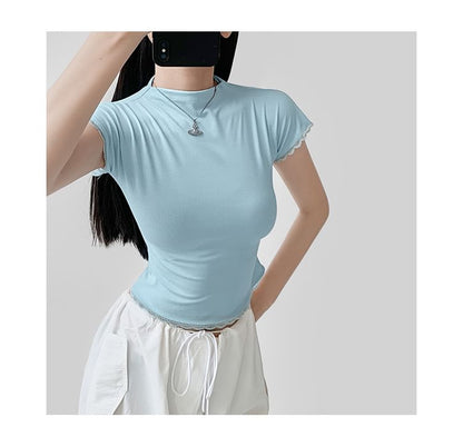 Cap-Sleeve Mock Neck Lace-Trim Slim Crop Tee