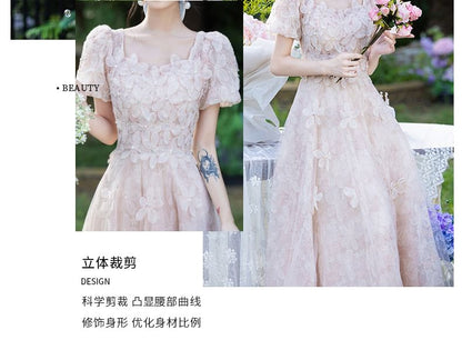 Puff-Sleeve Square Neck Floral Jacquard Embellished A-Line Evening Dress