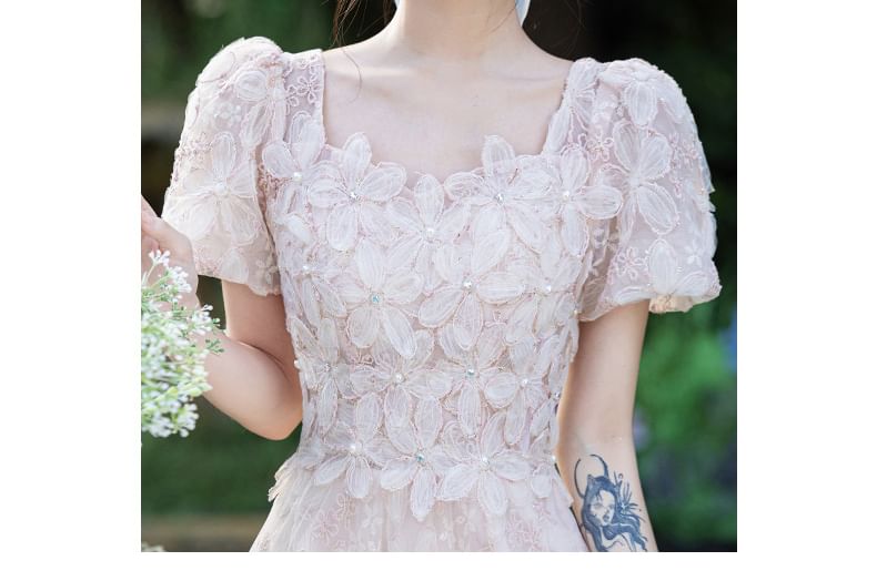 Puff-Sleeve Square Neck Floral Jacquard Embellished A-Line Evening Dress
