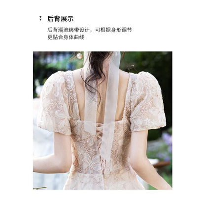 Puff-Sleeve Square Neck Floral Jacquard Embellished A-Line Evening Dress