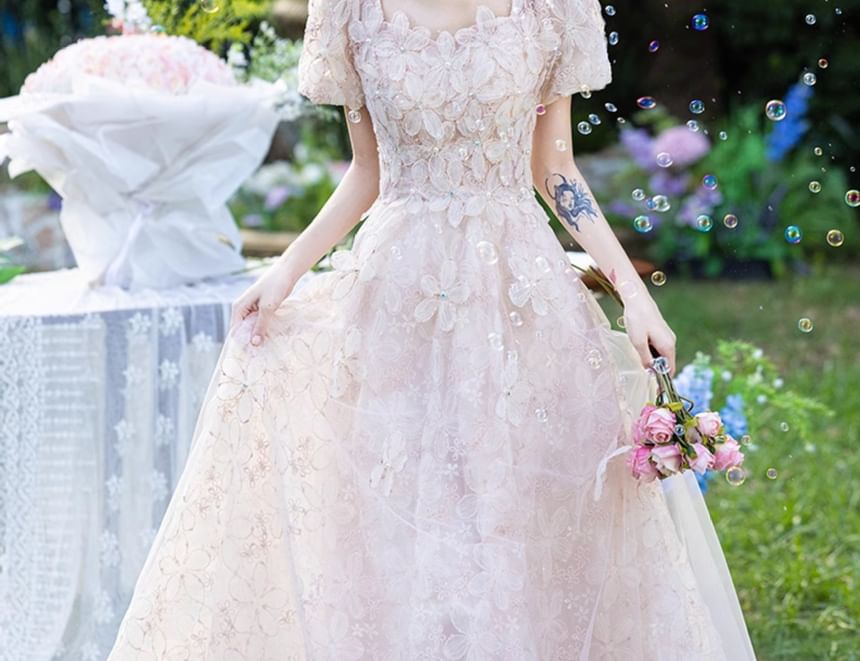 Puff-Sleeve Square Neck Floral Jacquard Embellished A-Line Evening Dress
