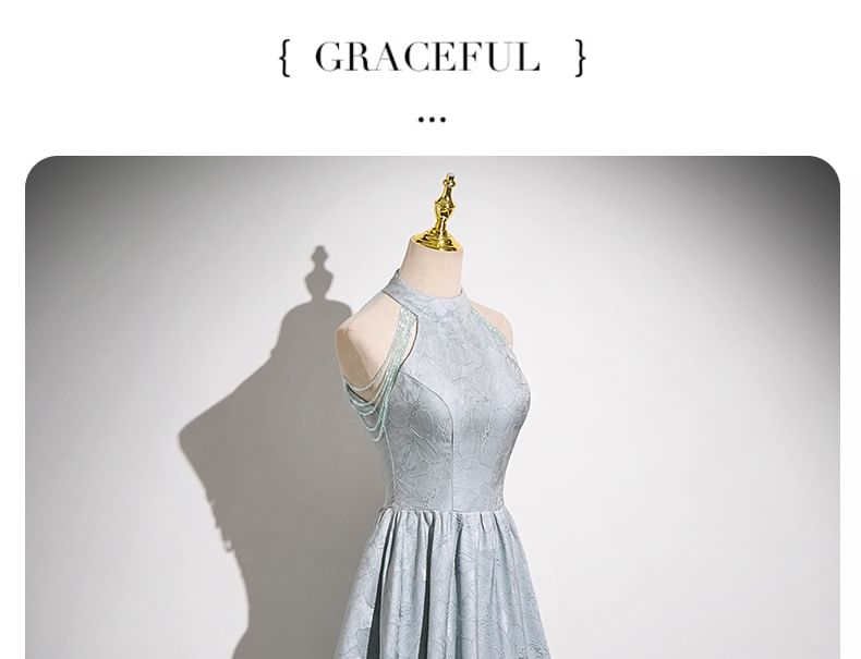 Gown Evening Faux Jacquard Floral Halter A-Line Fringed Neck Crystal