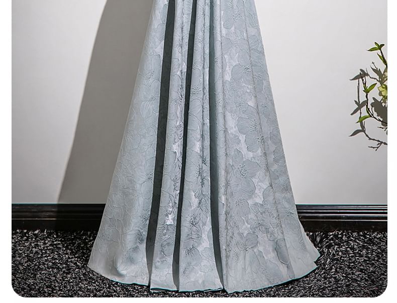 Gown Evening Faux Jacquard Floral Halter A-Line Fringed Neck Crystal