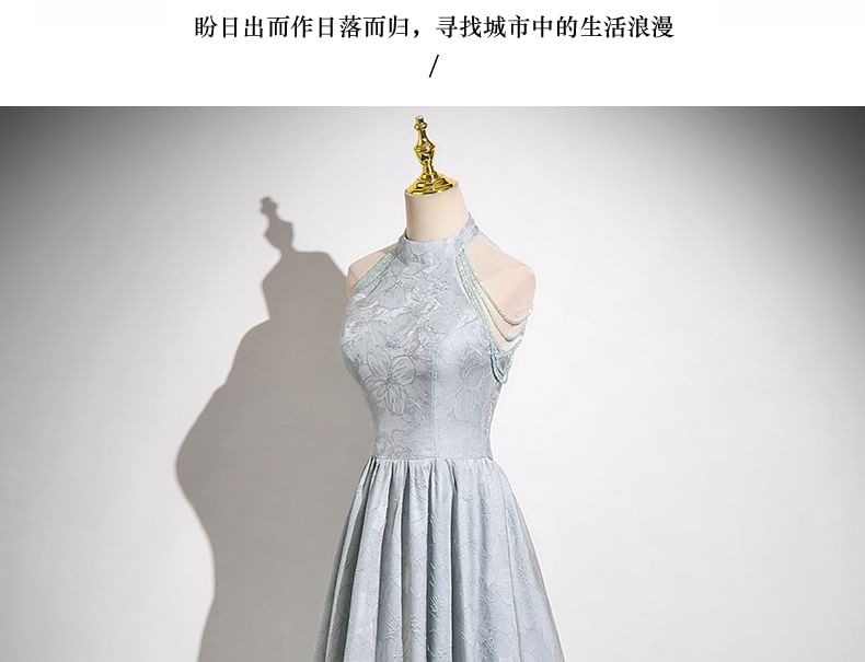 Gown Evening Faux Jacquard Floral Halter A-Line Fringed Neck Crystal