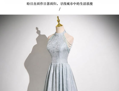 Gown Evening Faux Jacquard Floral Halter A-Line Fringed Neck Crystal