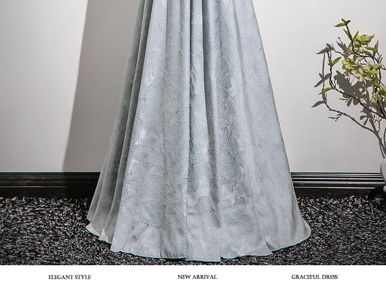 Gown Evening Faux Jacquard Floral Halter A-Line Fringed Neck Crystal