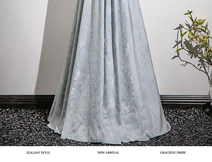 Gown Evening Faux Jacquard Floral Halter A-Line Fringed Neck Crystal