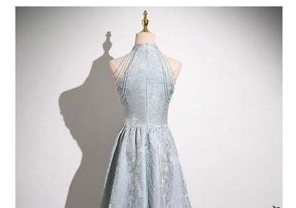 Gown Evening Faux Jacquard Floral Halter A-Line Fringed Neck Crystal