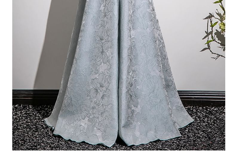 Gown Evening Faux Jacquard Floral Halter A-Line Fringed Neck Crystal