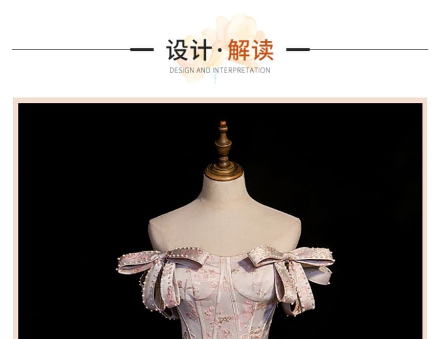 Evening A-Line Pearl Off-Shoulder Bow Floral Jacquard Gown Faux