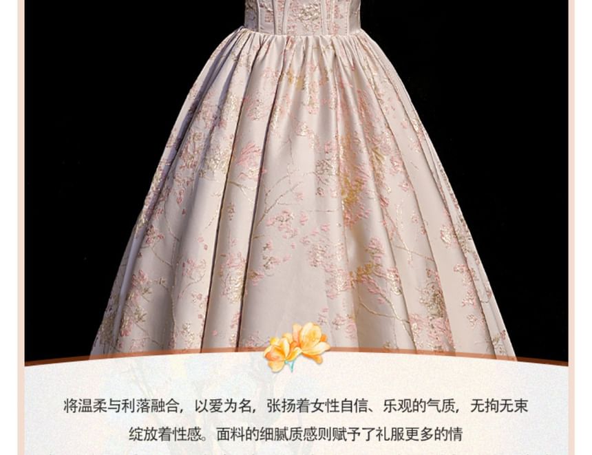 Evening A-Line Pearl Off-Shoulder Bow Floral Jacquard Gown Faux