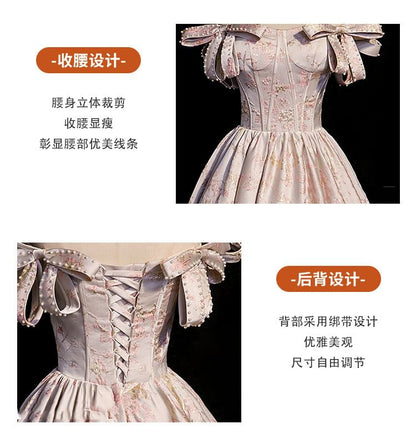 Off-Shoulder Floral Jacquard Faux Pearl Bow A-Line Evening Gown