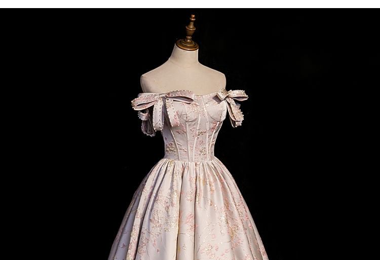 Evening A-Line Pearl Off-Shoulder Bow Floral Jacquard Gown Faux