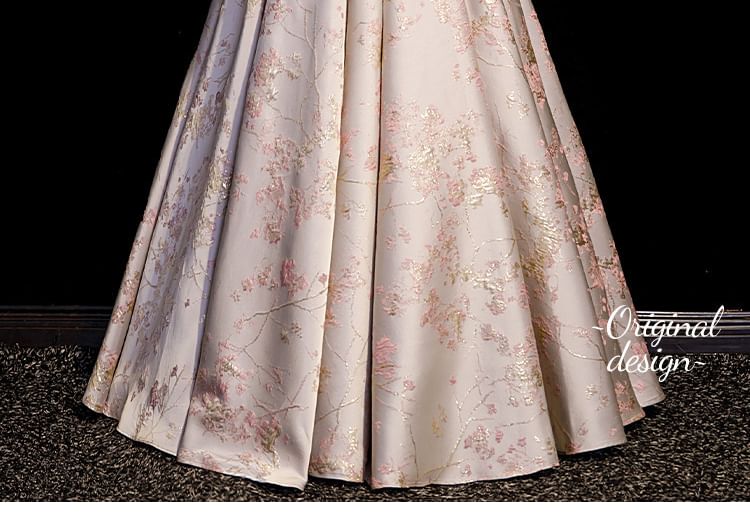 Off-Shoulder Floral Jacquard Faux Pearl Bow A-Line Evening Gown