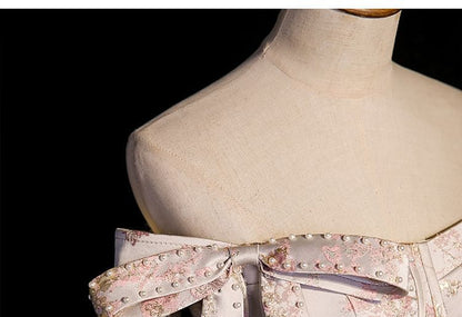 Evening A-Line Pearl Off-Shoulder Bow Floral Jacquard Gown Faux