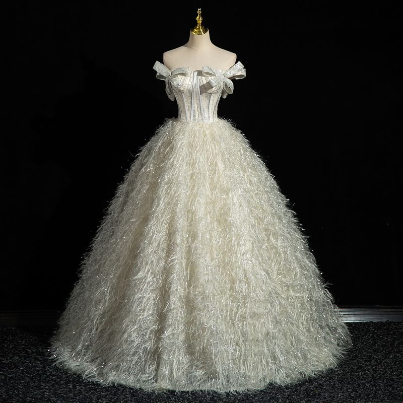 Strapless Glitter Bow Accent Fringed Corset Ball Gown