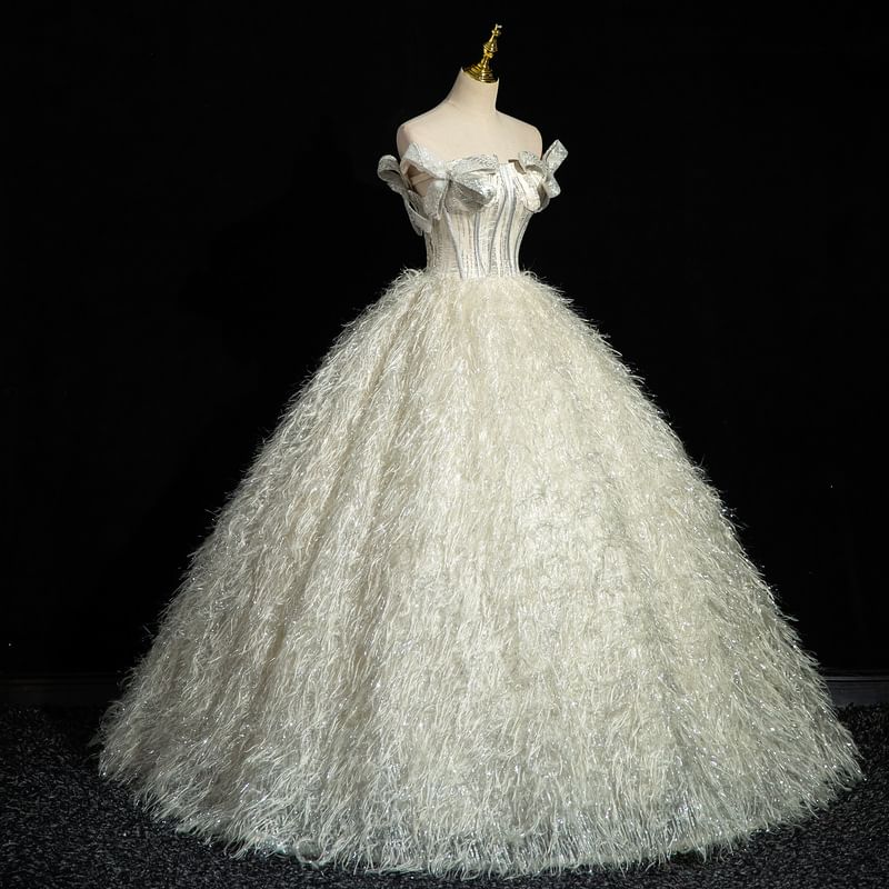 Strapless Glitter Bow Accent Fringed Corset Ball Gown
