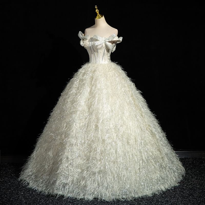 Strapless Glitter Bow Accent Fringed Corset Ball Gown