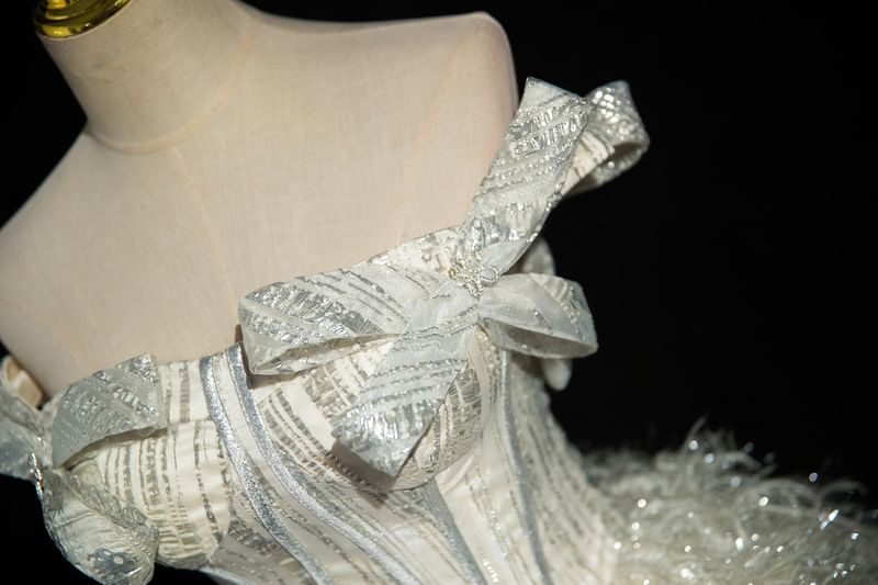 Strapless Glitter Bow Accent Fringed Corset Ball Gown