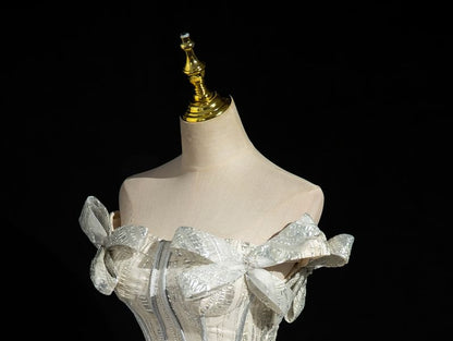 Corset Fringed Gown Accent Strapless Glitter Bow Ball