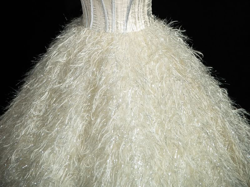 Strapless Glitter Bow Accent Fringed Corset Ball Gown