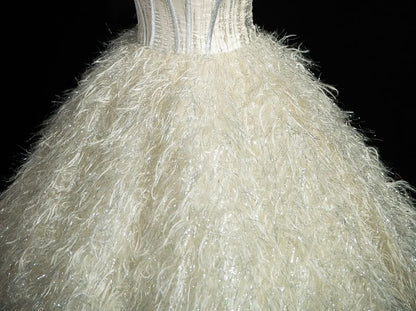 Strapless Glitter Bow Accent Fringed Corset Ball Gown