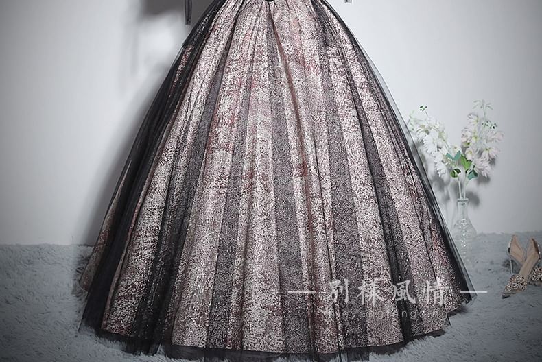 Puff-Sleeve V-Neck Glitter Mesh Panel Bow Accent Ball Gown