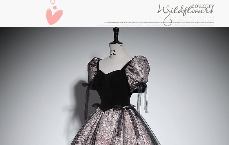 Puff-Sleeve V-Neck Glitter Mesh Panel Bow Accent Ball Gown
