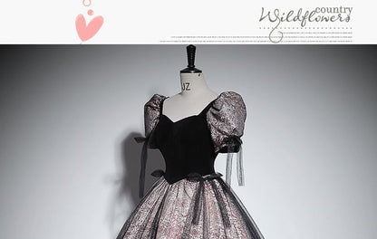 Puff-Sleeve V-Neck Glitter Mesh Panel Bow Accent Ball Gown