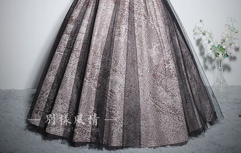Puff-Sleeve V-Neck Glitter Mesh Panel Bow Accent Ball Gown