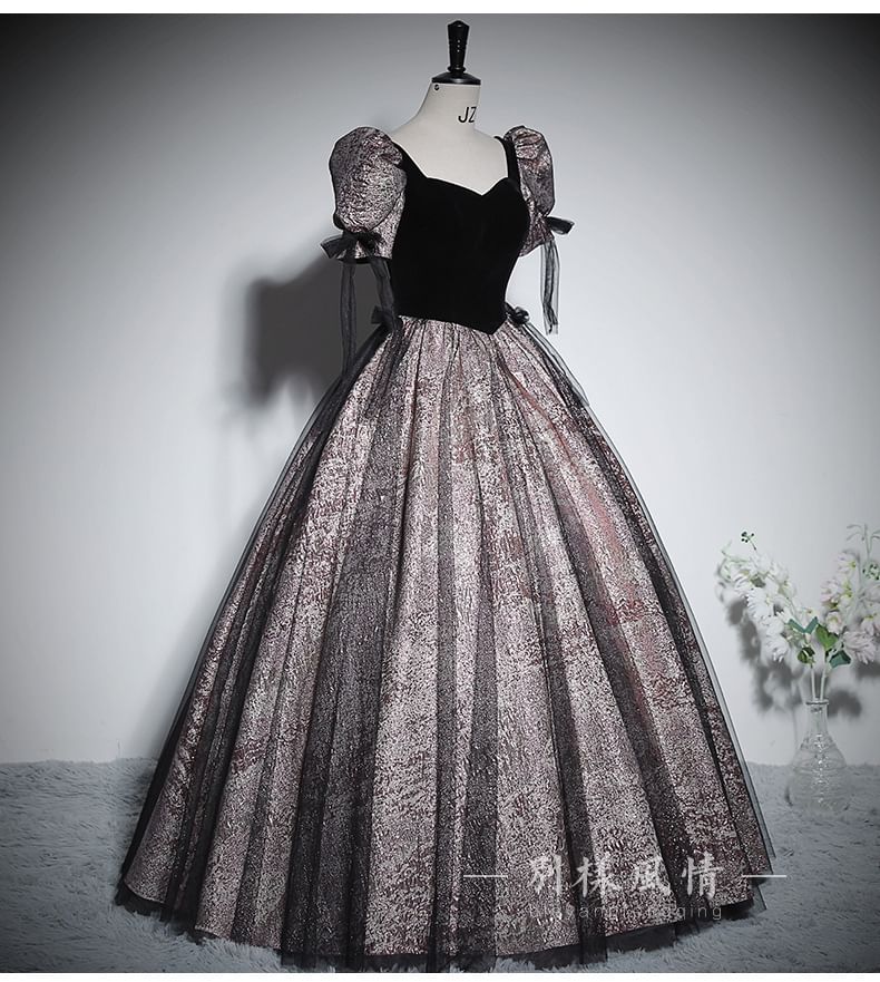 Puff-Sleeve V-Neck Glitter Mesh Panel Bow Accent Ball Gown