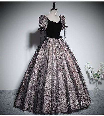 Puff-Sleeve V-Neck Glitter Mesh Panel Bow Accent Ball Gown