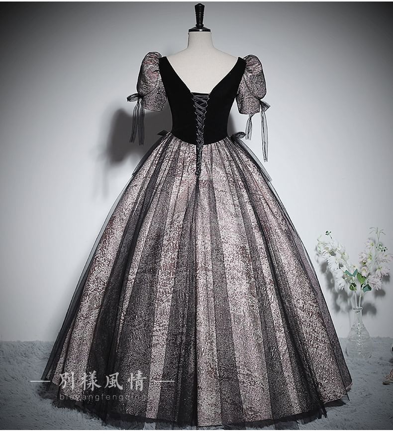 Puff-Sleeve V-Neck Glitter Mesh Panel Bow Accent Ball Gown
