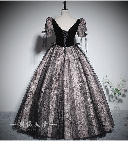 Puff-Sleeve V-Neck Glitter Mesh Panel Bow Accent Ball Gown