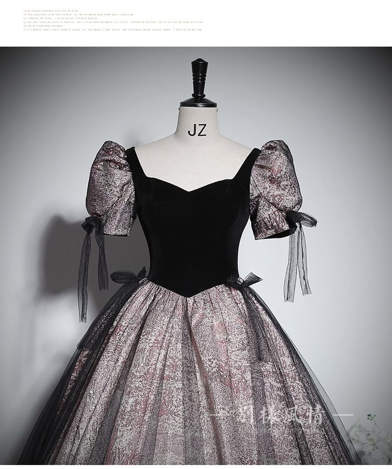 Puff-Sleeve V-Neck Glitter Mesh Panel Bow Accent Ball Gown