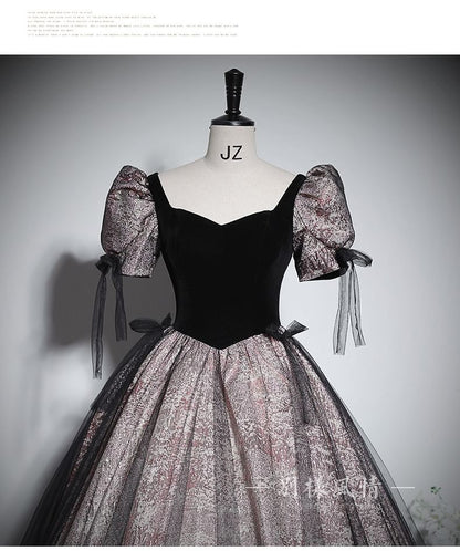 Puff-Sleeve V-Neck Glitter Mesh Panel Bow Accent Ball Gown