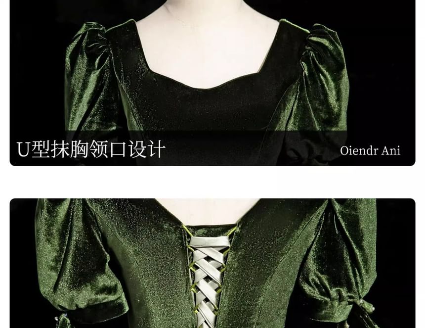 Neck Panel Jacquard Bow Square Puff-Sleeve Gown Accent Floral Ball Velvet