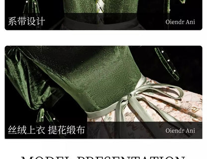 Neck Panel Jacquard Bow Square Puff-Sleeve Gown Accent Floral Ball Velvet