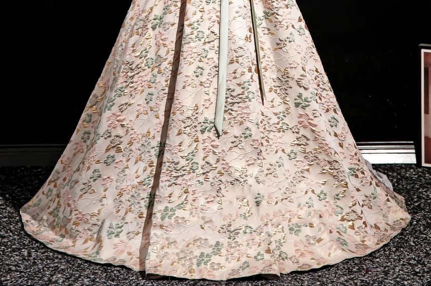 Puff-Sleeve Square Neck Floral Jacquard Velvet Panel Bow Accent Ball Gown