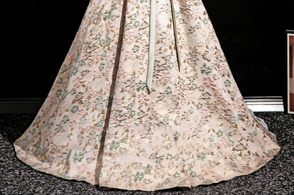 Puff-Sleeve Square Neck Floral Jacquard Velvet Panel Bow Accent Ball Gown