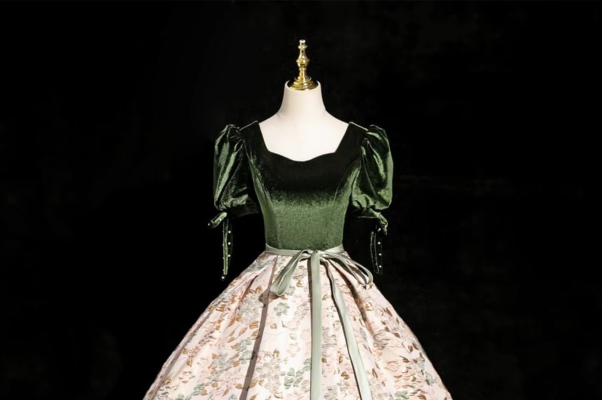 Neck Panel Jacquard Bow Square Puff-Sleeve Gown Accent Floral Ball Velvet