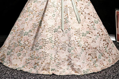 Puff-Sleeve Square Neck Floral Jacquard Velvet Panel Bow Accent Ball Gown