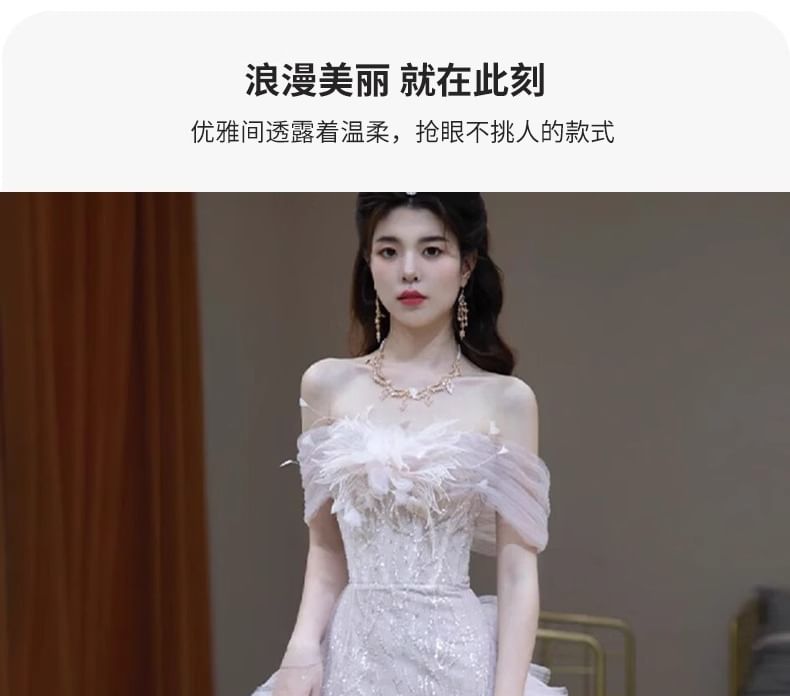 Off-Shoulder Evening Mesh Sequin Accent Gown Flower Panel Mermaid