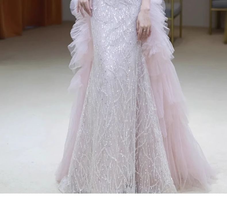 Off-Shoulder Evening Mesh Sequin Accent Gown Flower Panel Mermaid