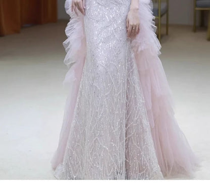 Off-Shoulder Evening Mesh Sequin Accent Gown Flower Panel Mermaid