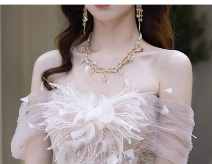 Off-Shoulder Evening Mesh Sequin Accent Gown Flower Panel Mermaid